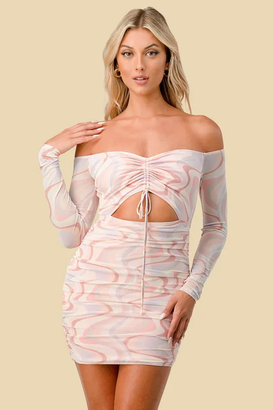 MARBLE MESH KEYHOLE RUCHED BODYCON MINI DRESS sold by privy