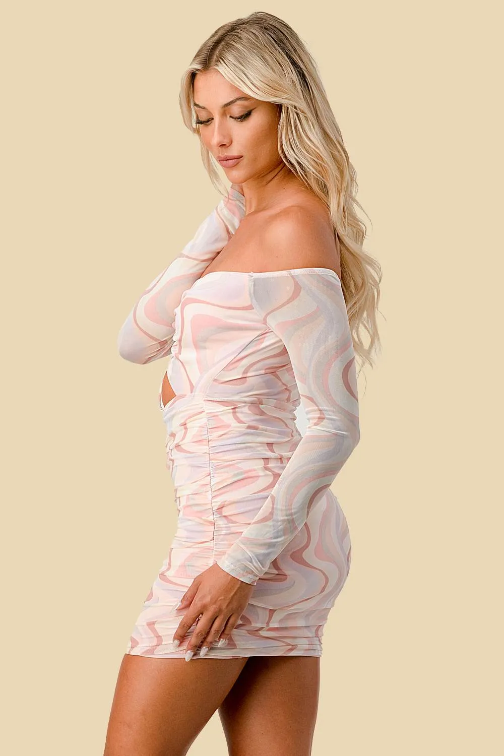 MARBLE MESH KEYHOLE RUCHED BODYCON MINI DRESS sold by privy product image thumbnail 3