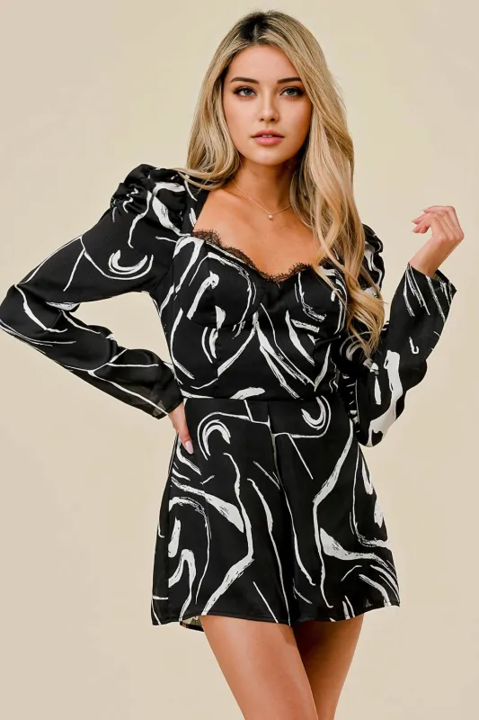 ABSTRACT PRINT SATIN LACE TRIM SWEETHEART ROMPER sold by privy