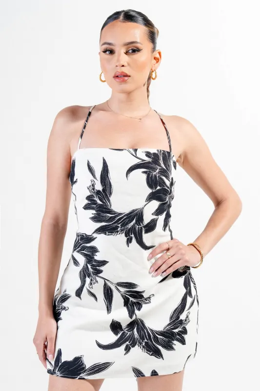 PD78548STP-W / RAYON LINEN PRINT TUBE NECK LINE BACK LACE UP A LINE MINI DRESS sold by privy