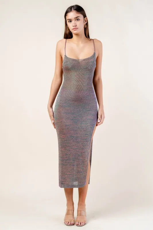 METALIC SWEATER SEE-THRU SLITTED MAXI DRESS sold by privy