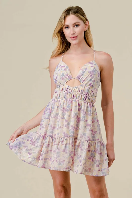 BD10568S / CHIFFON PRINT CUTOUT SWEETHEART TIERED MINI DRESS sold by privy