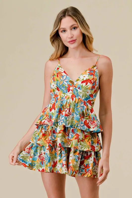 BJ7184S / TROPICAL FLORAL RUFFLED TIERED OPEN BACK ROMPER sold by privy