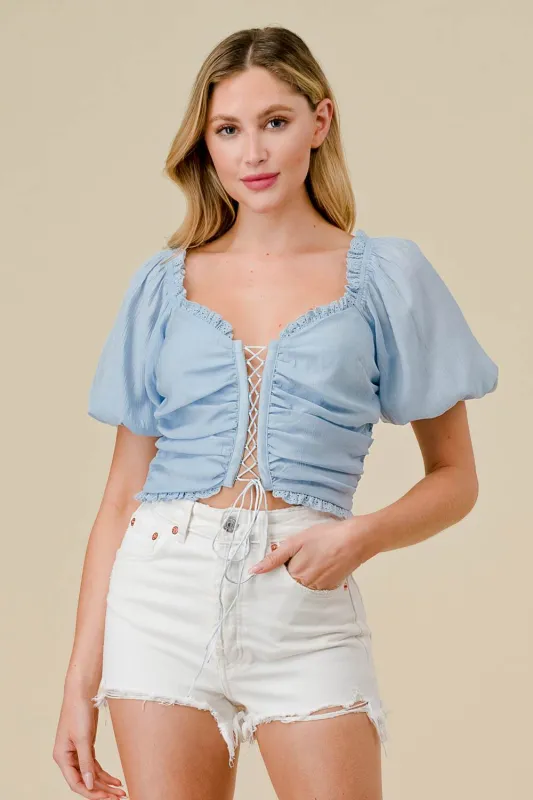 BT2151B / CRINKLED RUFFLED LACE TRIM DRAWSTRING CROPPED TOP sold by privy