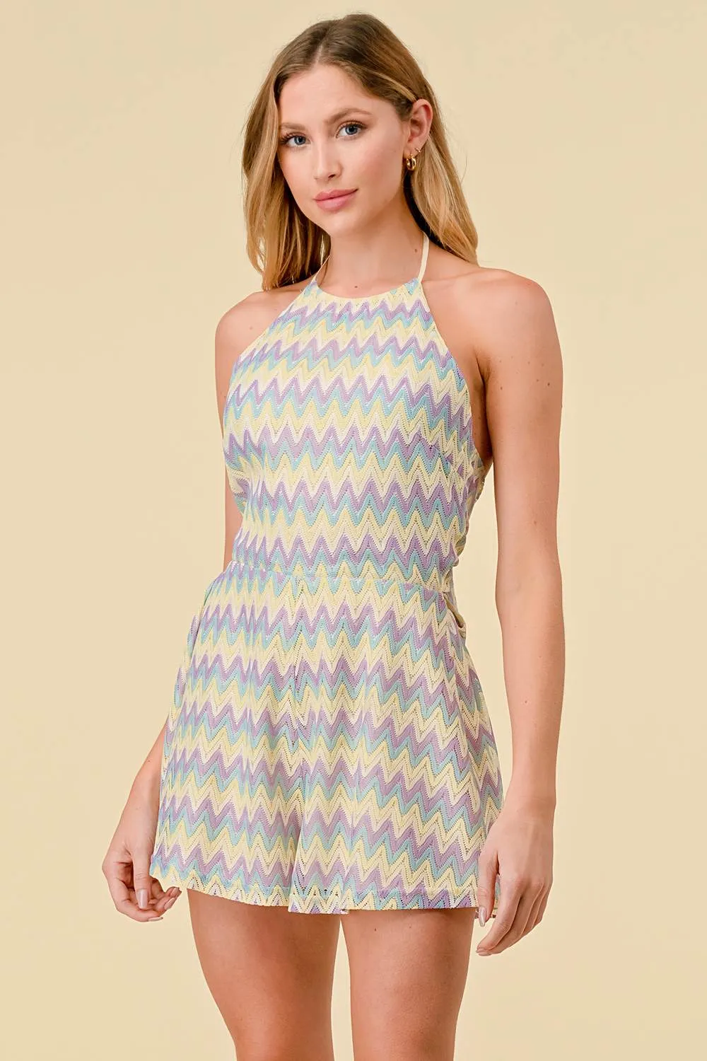 BJ7150C / ZIGZAG MULTI CHEVRON CROCHET BACK TIE ROMPER sold by privy