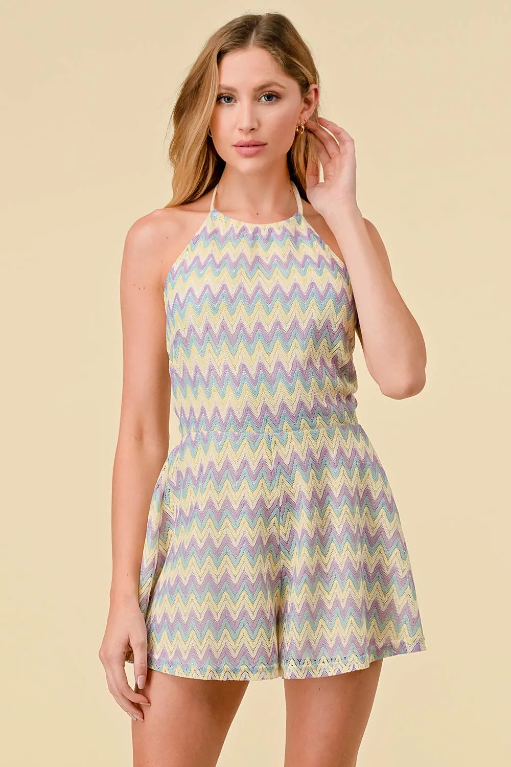 BJ7150C / ZIGZAG MULTI CHEVRON CROCHET BACK TIE ROMPER sold by privy product image thumbnail 2