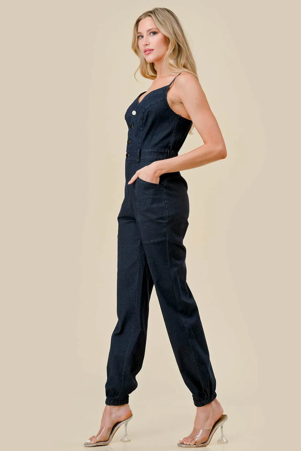 DENIM COLOR SPAN TWILL BUTTON DOWN JUMPSUIT sold by privy product image thumbnail 2