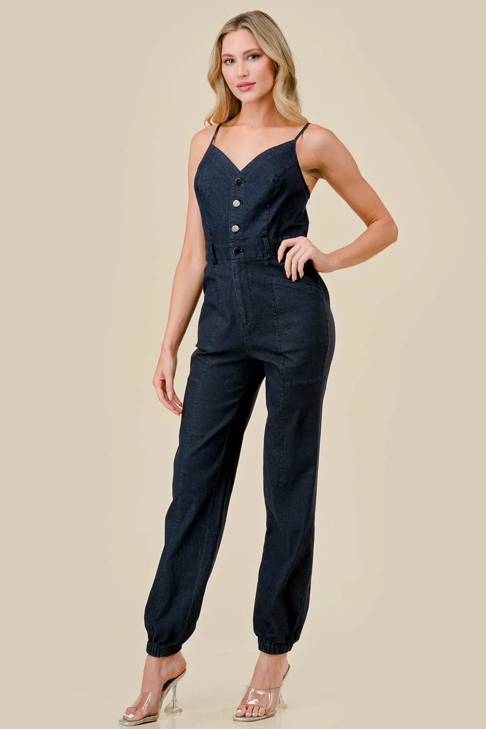 DENIM COLOR SPAN TWILL BUTTON DOWN JUMPSUIT sold by privy product image thumbnail 4