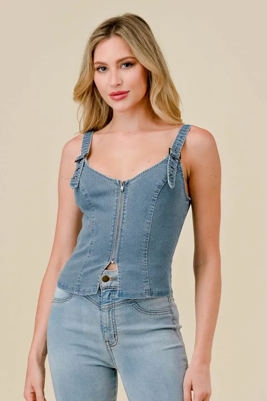 STRETCH DENIM ZIPPER UP BUCKLED STRAPS TANK TOP sold by privy