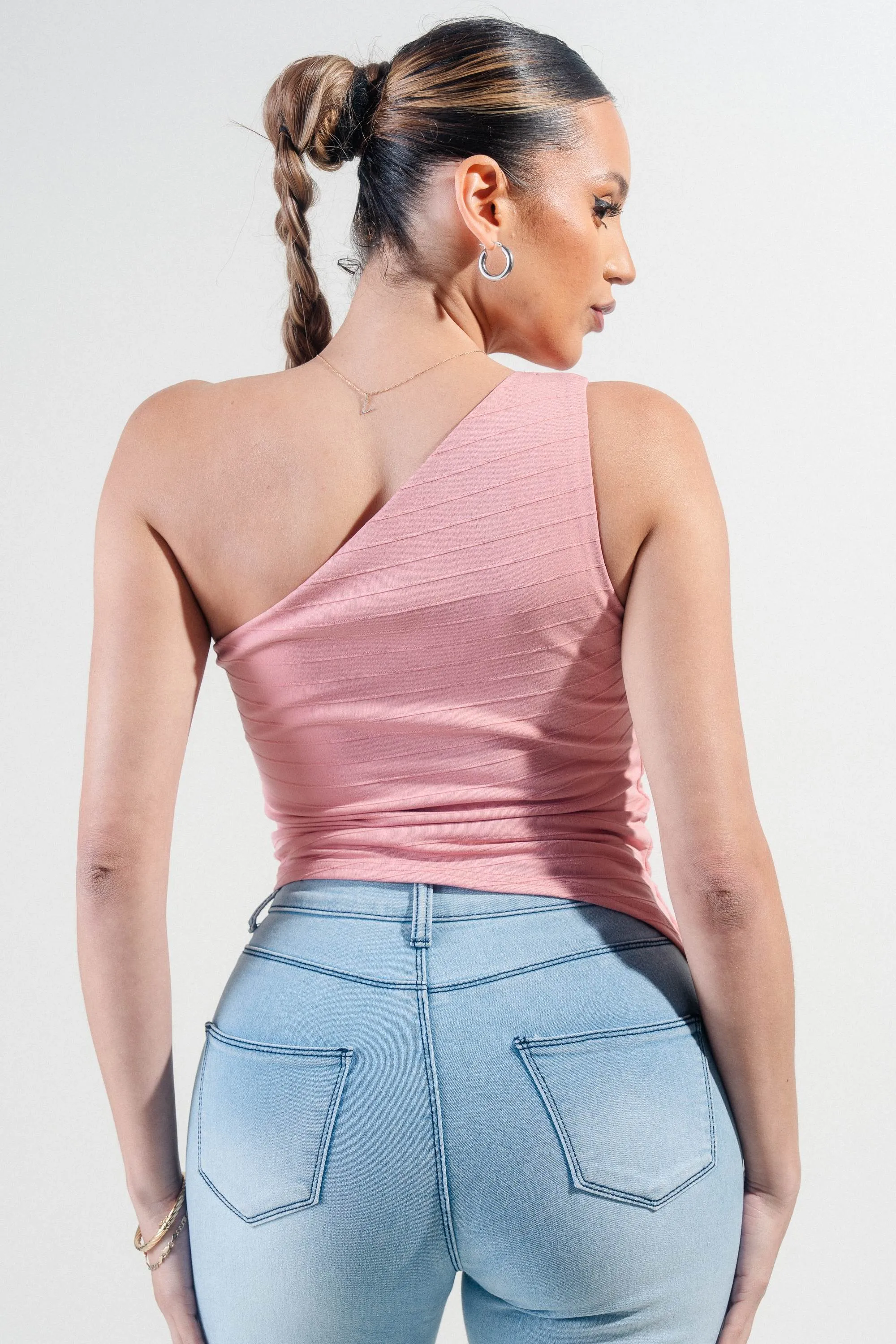 PTKS45272B-W / PINTUCK STRIPE KNIT ONE SHOULDER ASYMMETRICAL HEM TOP sold by privy product image thumbnail 3