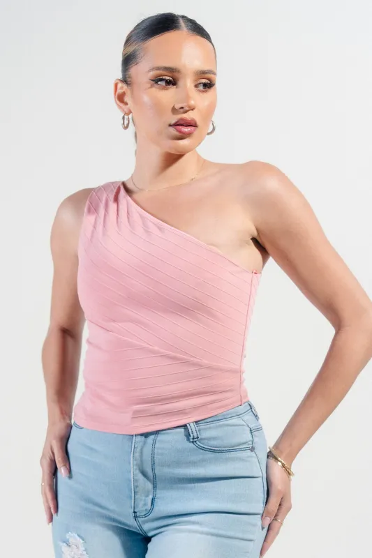 PTKS45272B-W / PINTUCK STRIPE KNIT ONE SHOULDER ASYMMETRICAL HEM TOP sold by privy