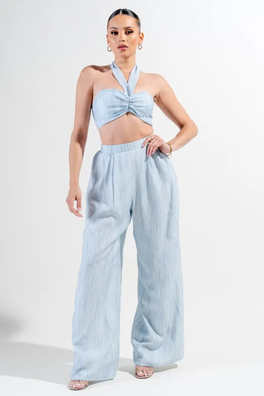 PSWS9791K-W / CRINKLE WOVEN PRINT FRONT TIE CROP CAMI & WIDE PANTS SET sold by privy