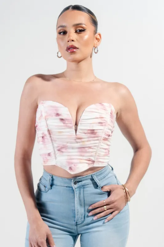 PTKS45341B-W / MESH PRINT V WIRE INSET RUCHING TUBE CROP TOP sold by privy