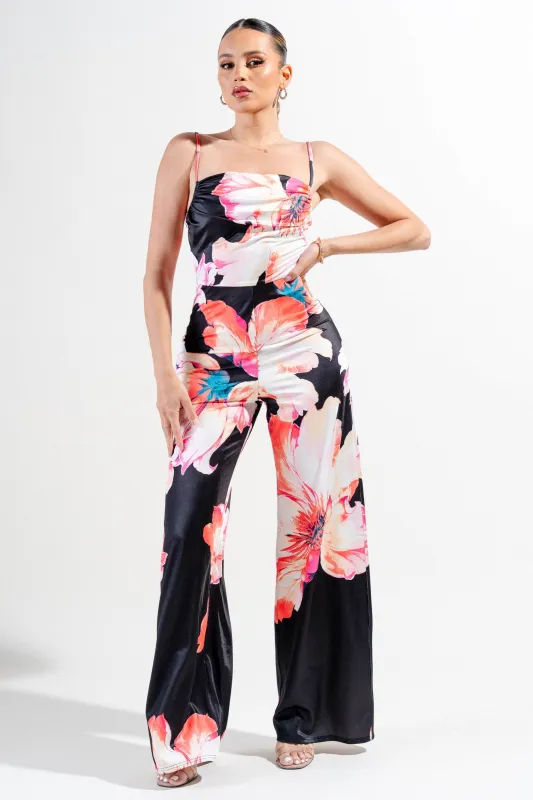 PJ11213S-W / KNIT SATIN PRINT JUMPSUIT sold by privy