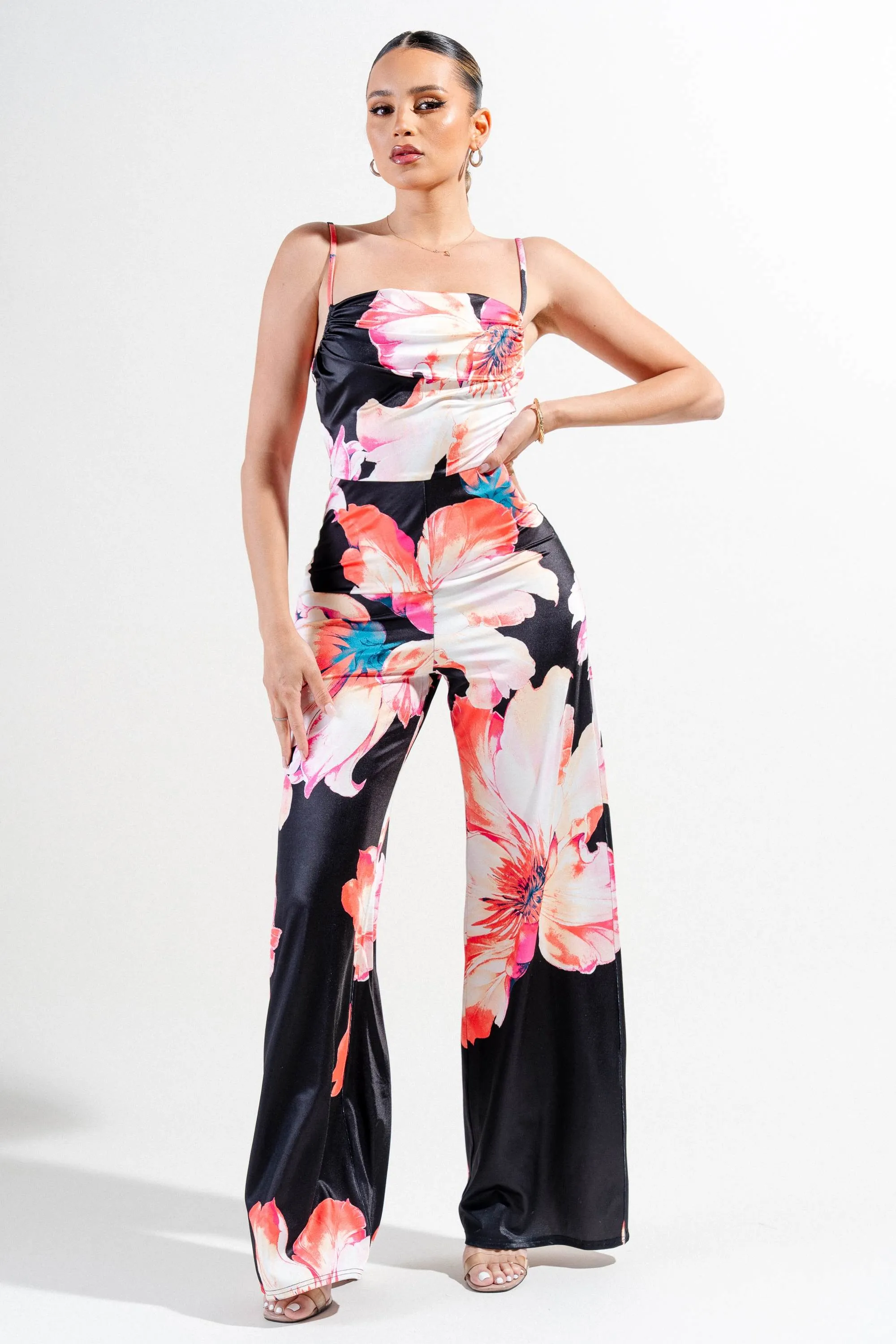 PJ11213S / KNIT SATIN PRINT JUMPSUIT sold by privy