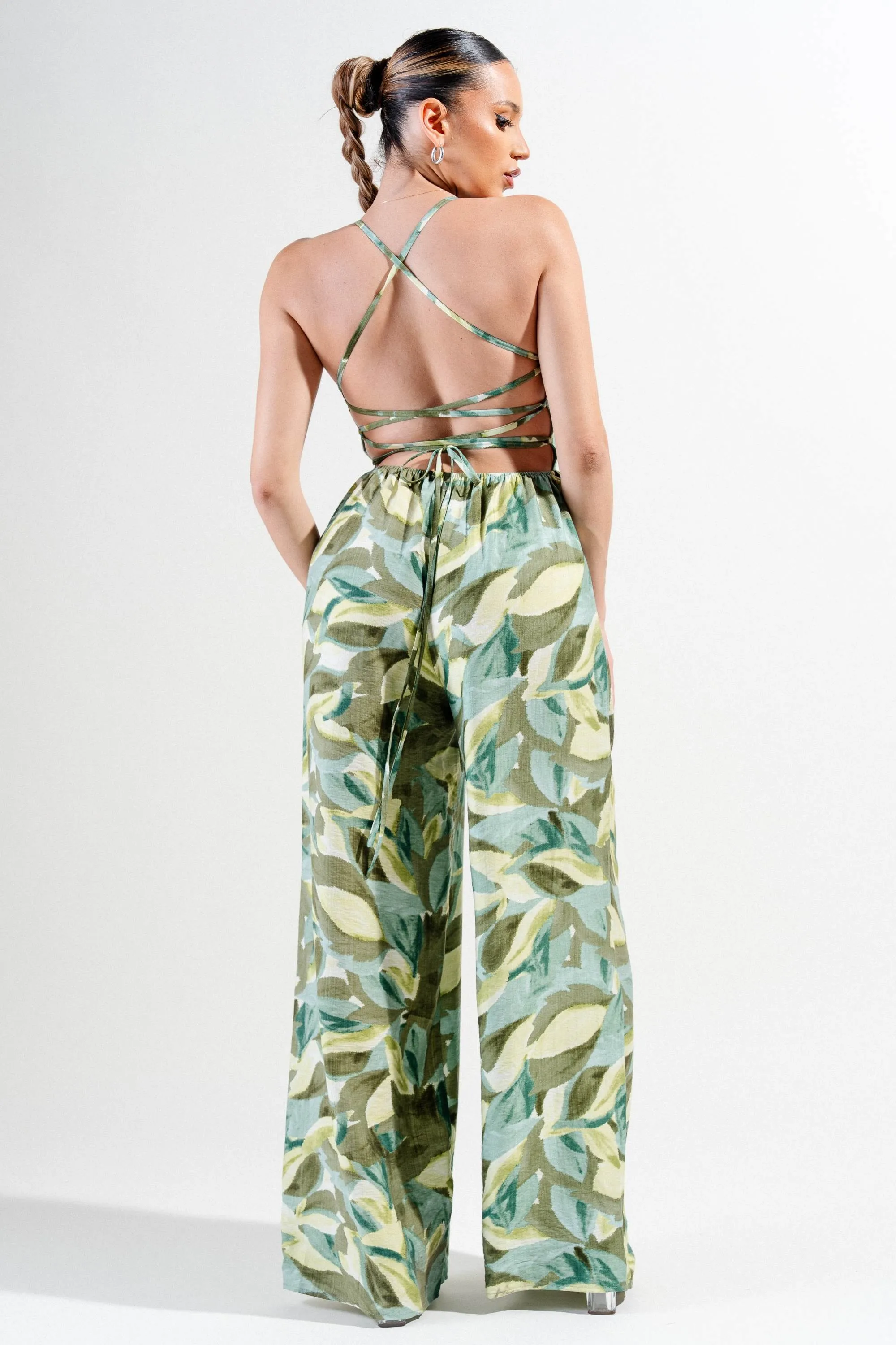 PJWS11255K-W / LINEN PRINT SQUARE NECK BACK LACE UP WIDE LEG JUMPSUIT sold by privy product image thumbnail 3