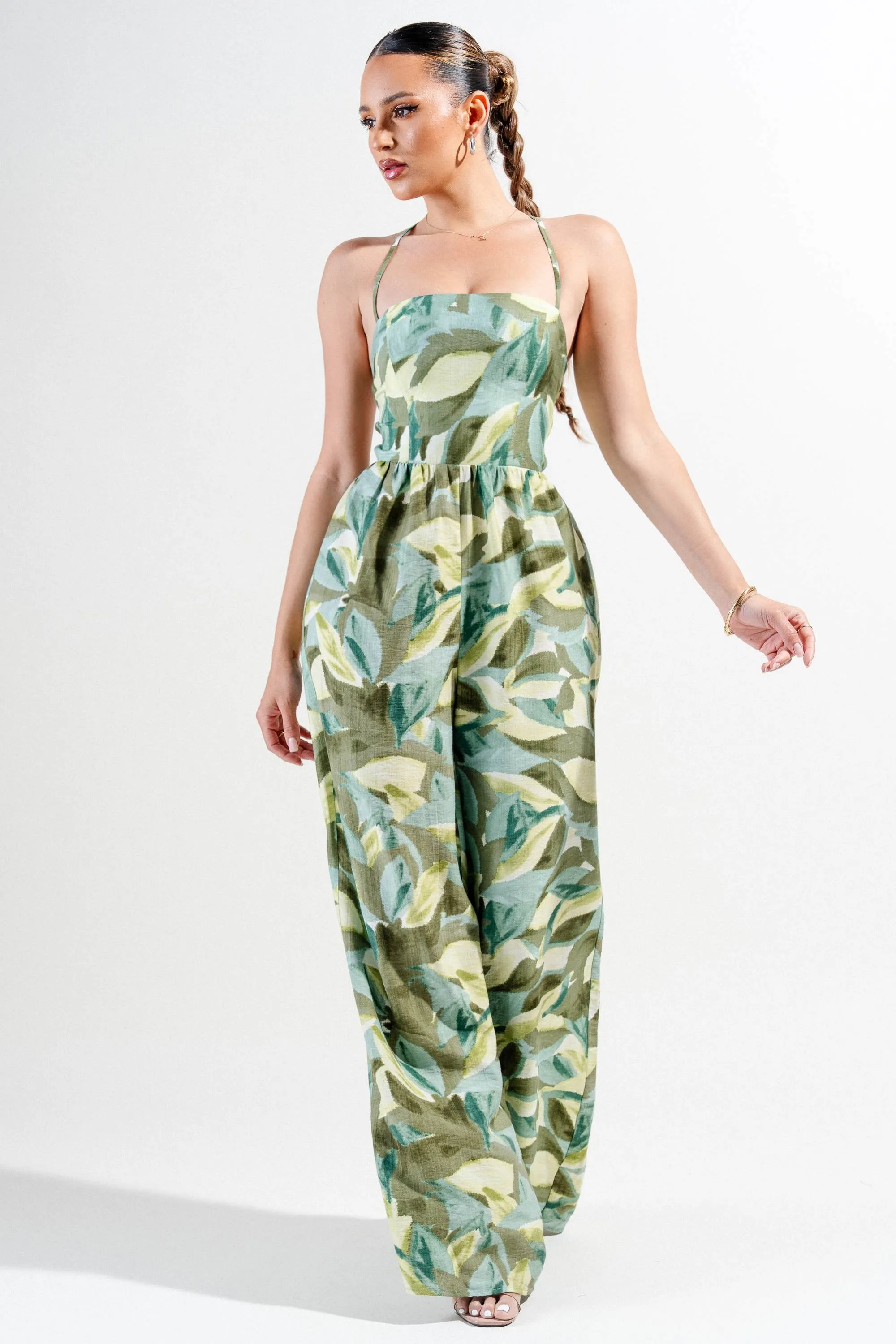 PJWS11255K-W / LINEN PRINT SQUARE NECK BACK LACE UP WIDE LEG JUMPSUIT sold by privy product image thumbnail 4