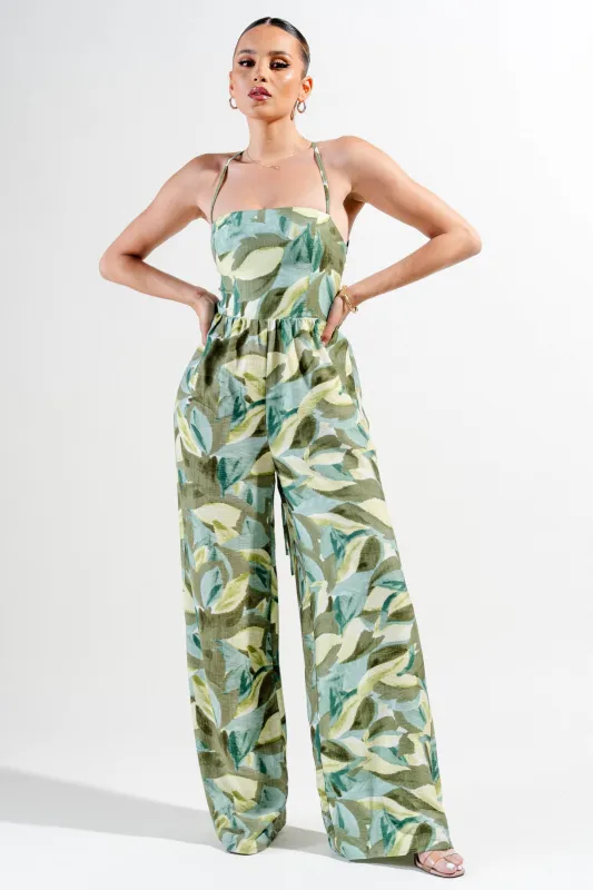 PJWS11255K-W / LINEN PRINT SQUARE NECK BACK LACE UP WIDE LEG JUMPSUIT sold by privy