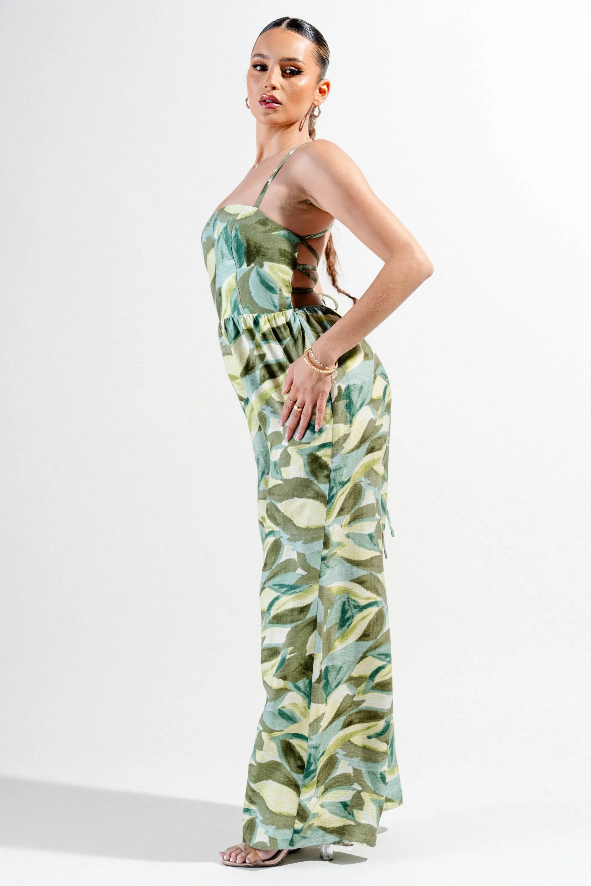 PJWS11255K-W / LINEN PRINT SQUARE NECK BACK LACE UP WIDE LEG JUMPSUIT sold by privy product image thumbnail 2