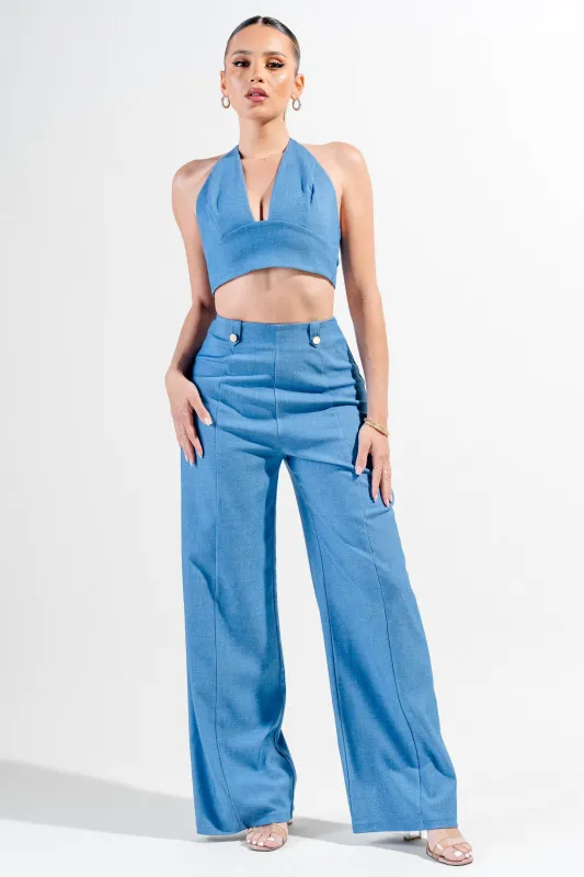 PS9757KTP / STRETCH HAMBRAY DEEP PLUNGE NECK CROP TOP & WIDE LEG PANTS SET sold by privy