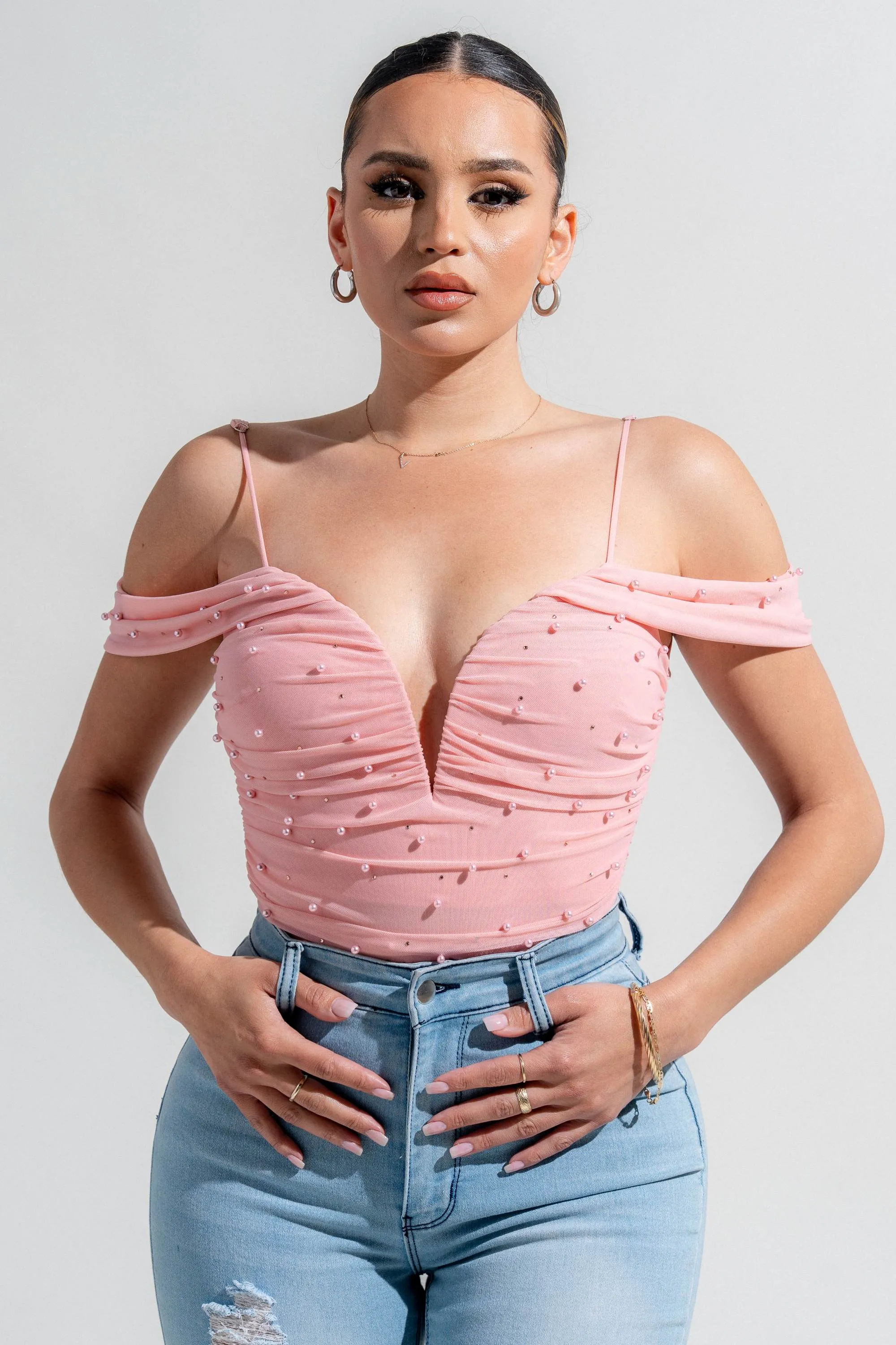 PTKS45317N-W / MESH V WIRE INSET OFF SHOULDER PEARL & RHINE STONE BODYSUIT sold by privy product image thumbnail 5