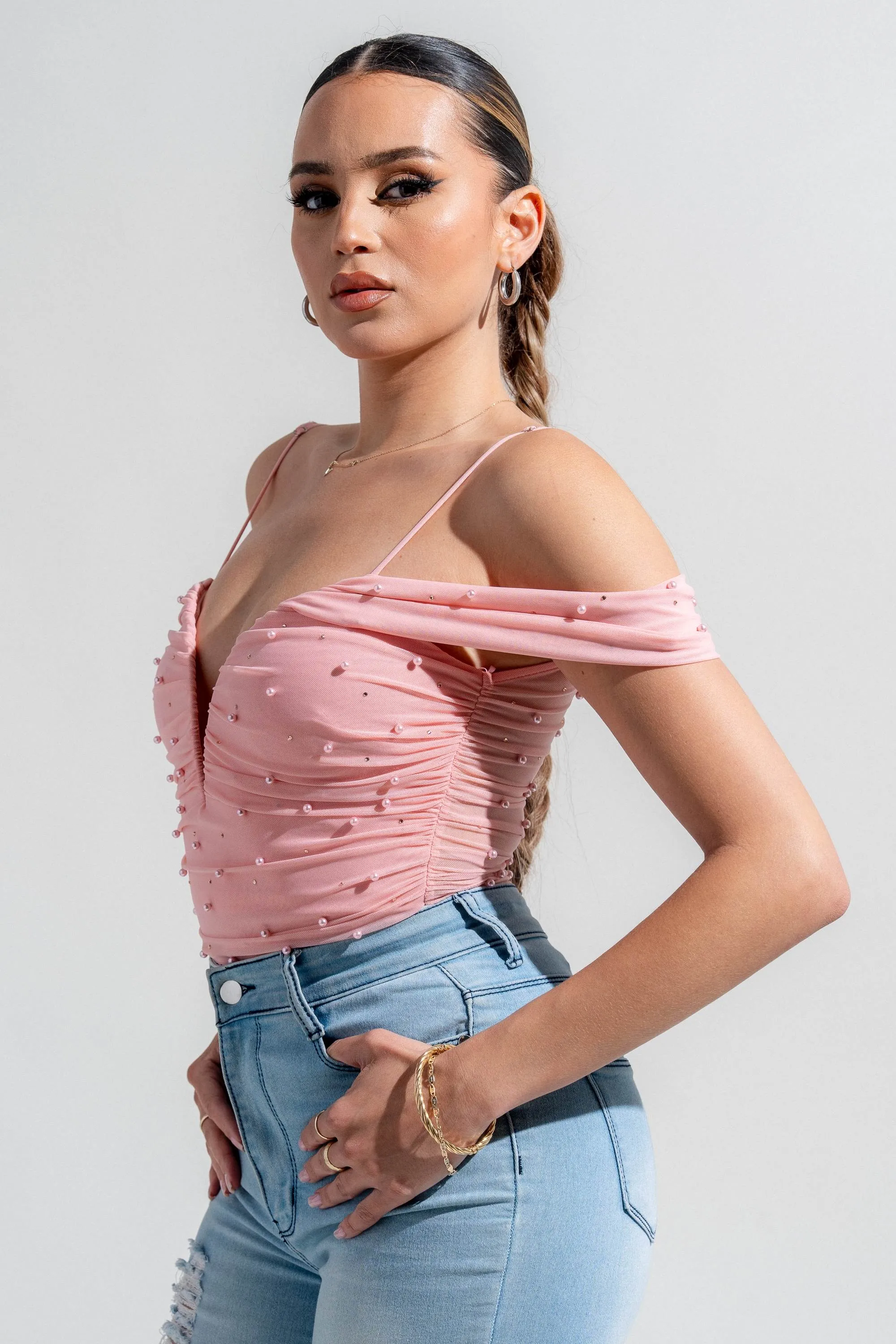 PTKS45317N-W / MESH V WIRE INSET OFF SHOULDER PEARL & RHINE STONE BODYSUIT sold by privy product image thumbnail 2