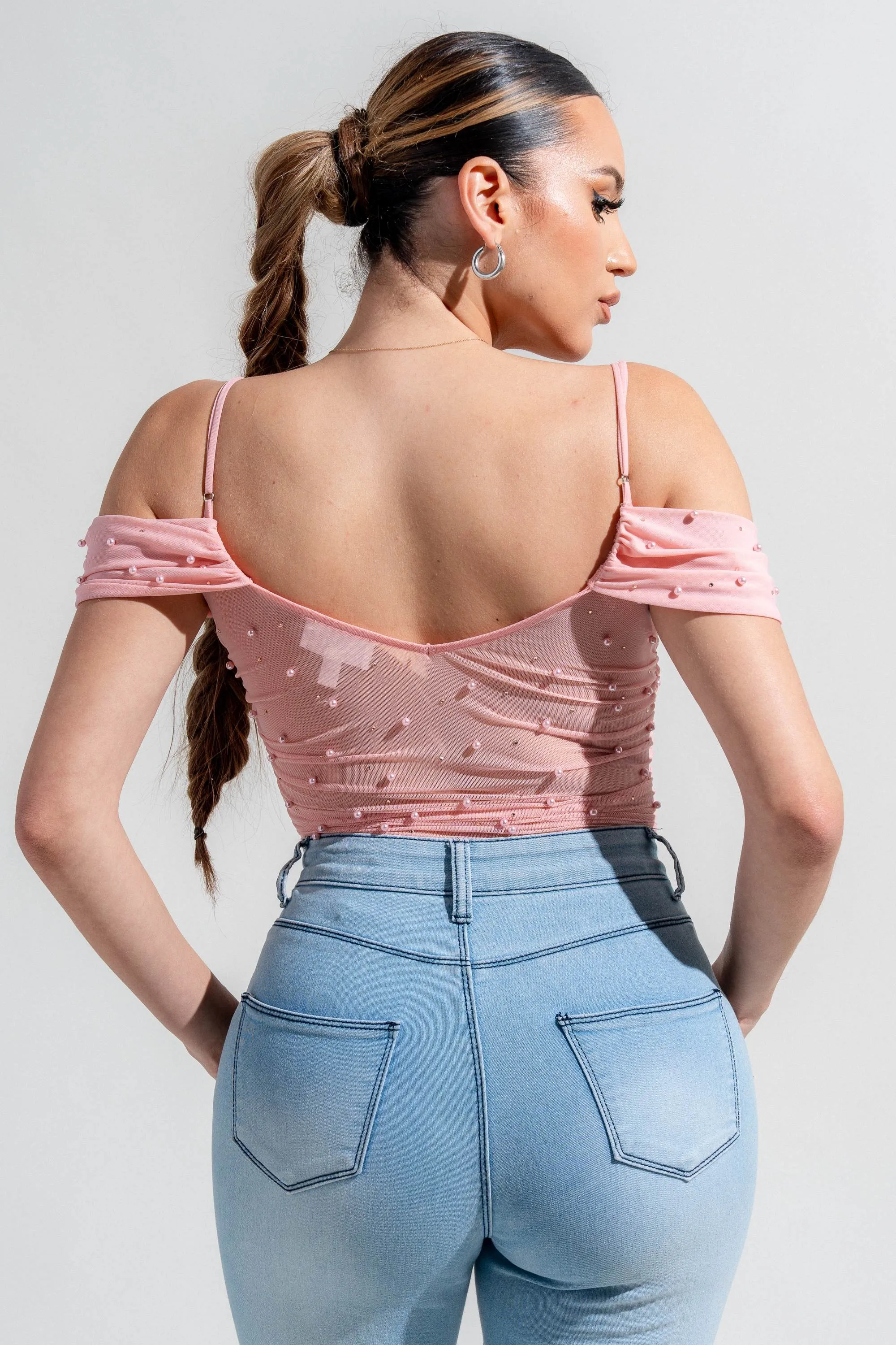 PTKS45317N-W / MESH V WIRE INSET OFF SHOULDER PEARL & RHINE STONE BODYSUIT sold by privy product image thumbnail 3