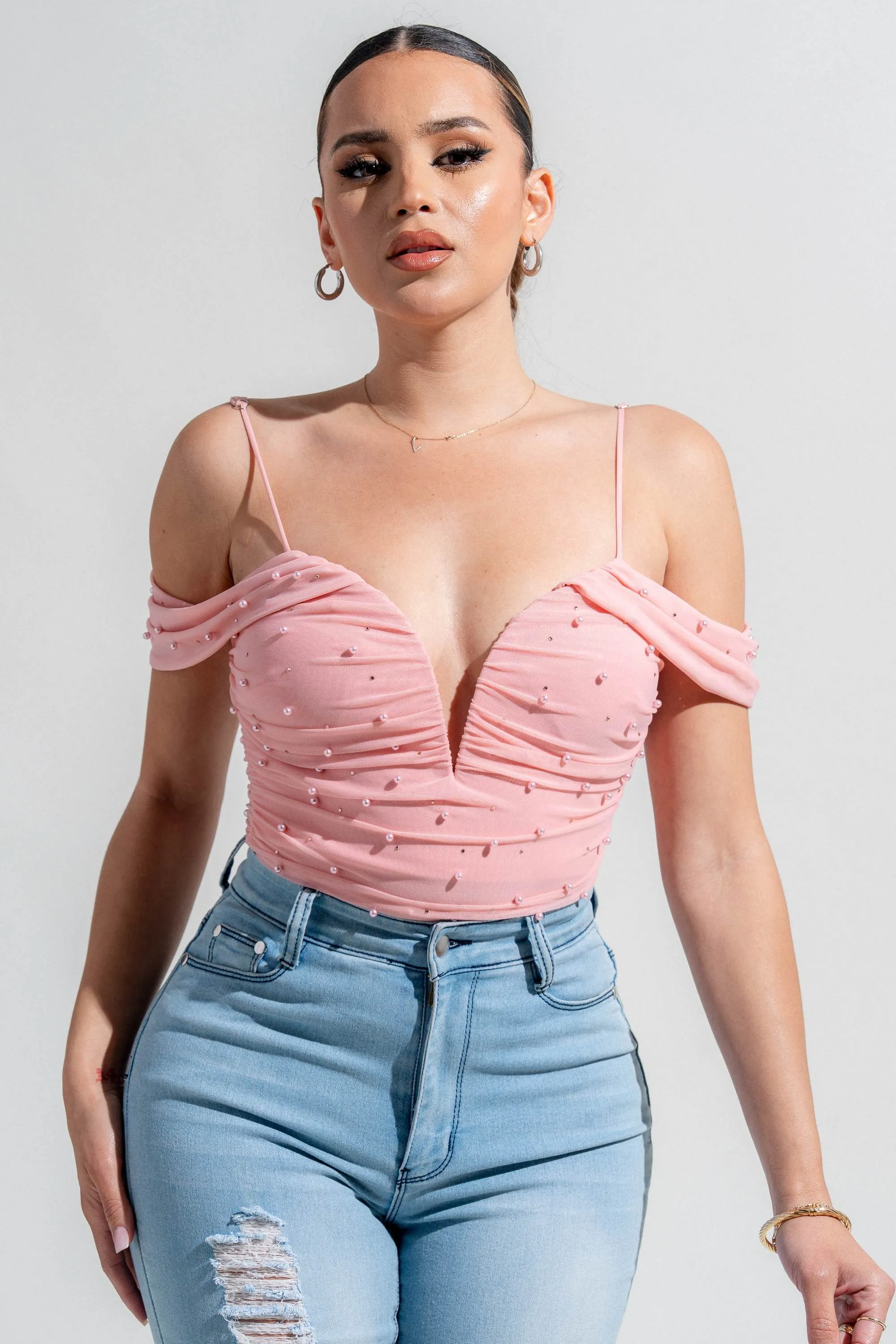 PTKS45317N-W / MESH V WIRE INSET OFF SHOULDER PEARL & RHINE STONE BODYSUIT sold by privy product image thumbnail 4