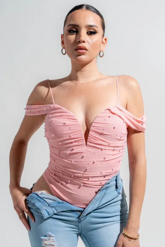 PTKS45317N-W / MESH V WIRE INSET OFF SHOULDER PEARL & RHINE STONE BODYSUIT sold by privy