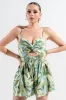 PJWS11257S-W / LINEN PRINT FRONT KNOT DETAIL BACK SMOCKED ROMPER sold by privy