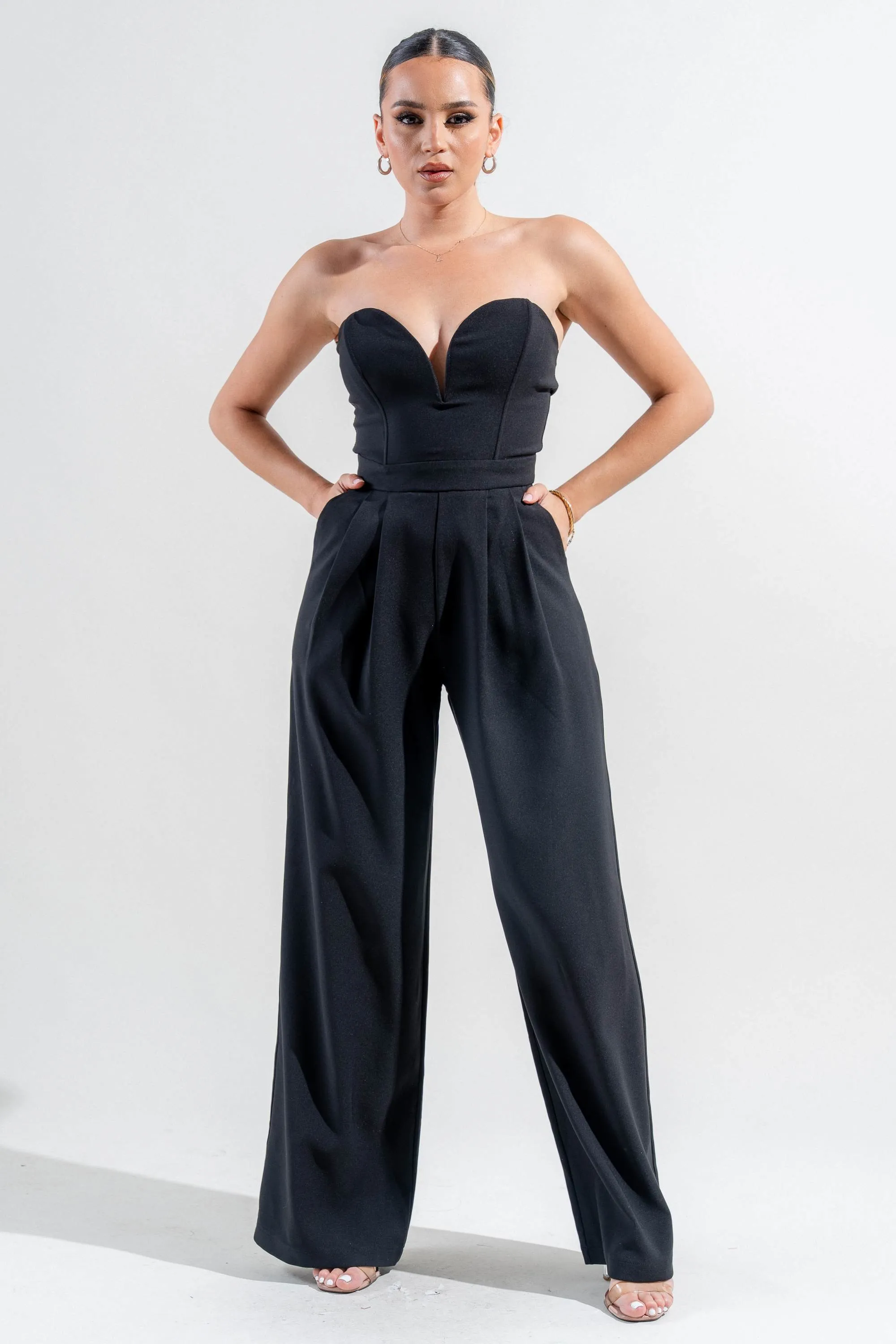 PJWS11249N-W / STRETCHED WOVEN SWEETHEART TUBE WIDE LEG JUMPSUIT sold by privy
