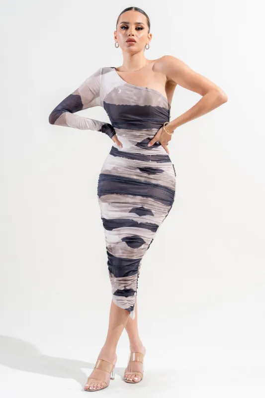 PD78113K-W / MESH PRINT ONE SHOULDER  MIDI DRESS sold by privy