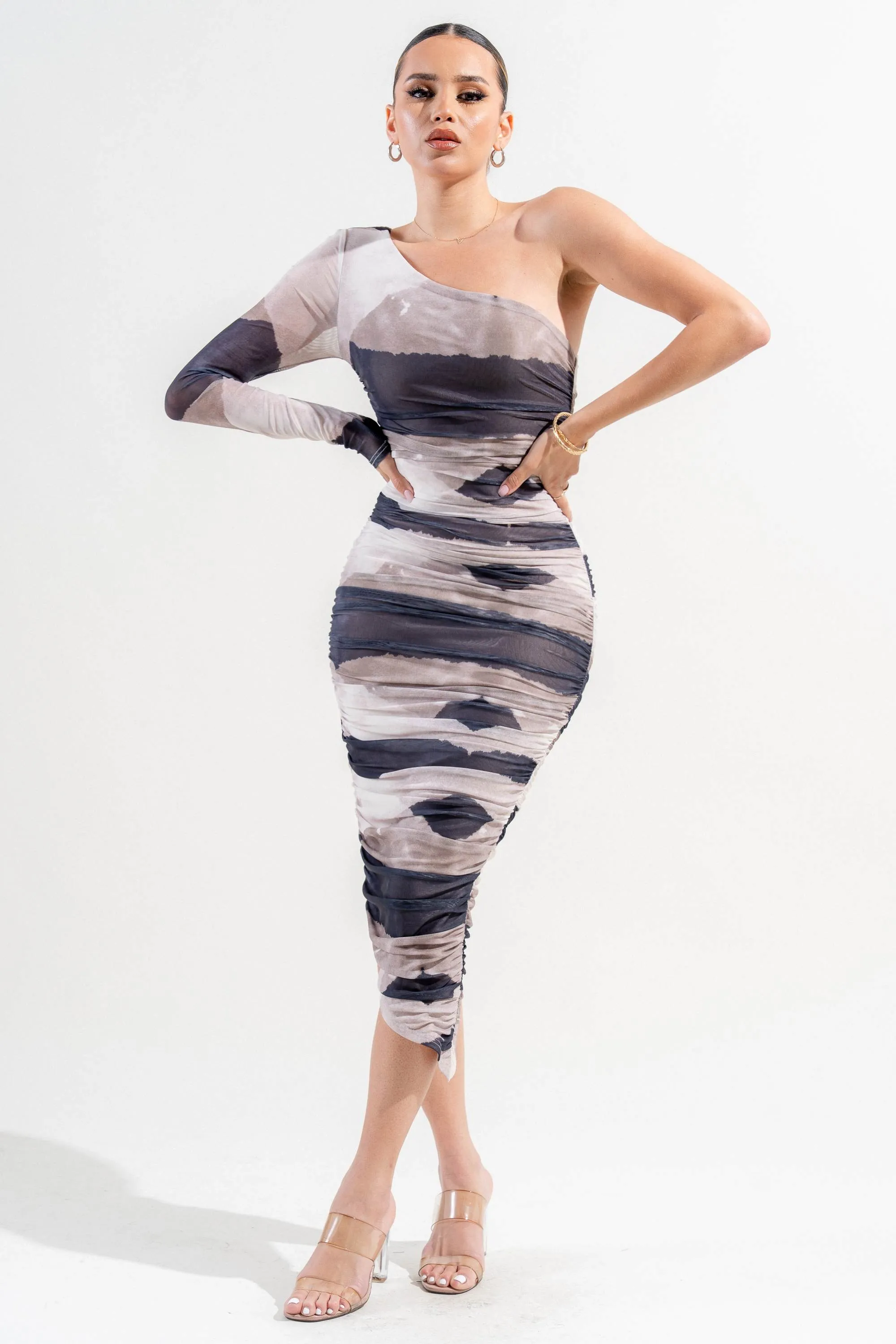 PD78113K / MESH PRINT ONE SHOULDER MIDI DRESS sold by privy