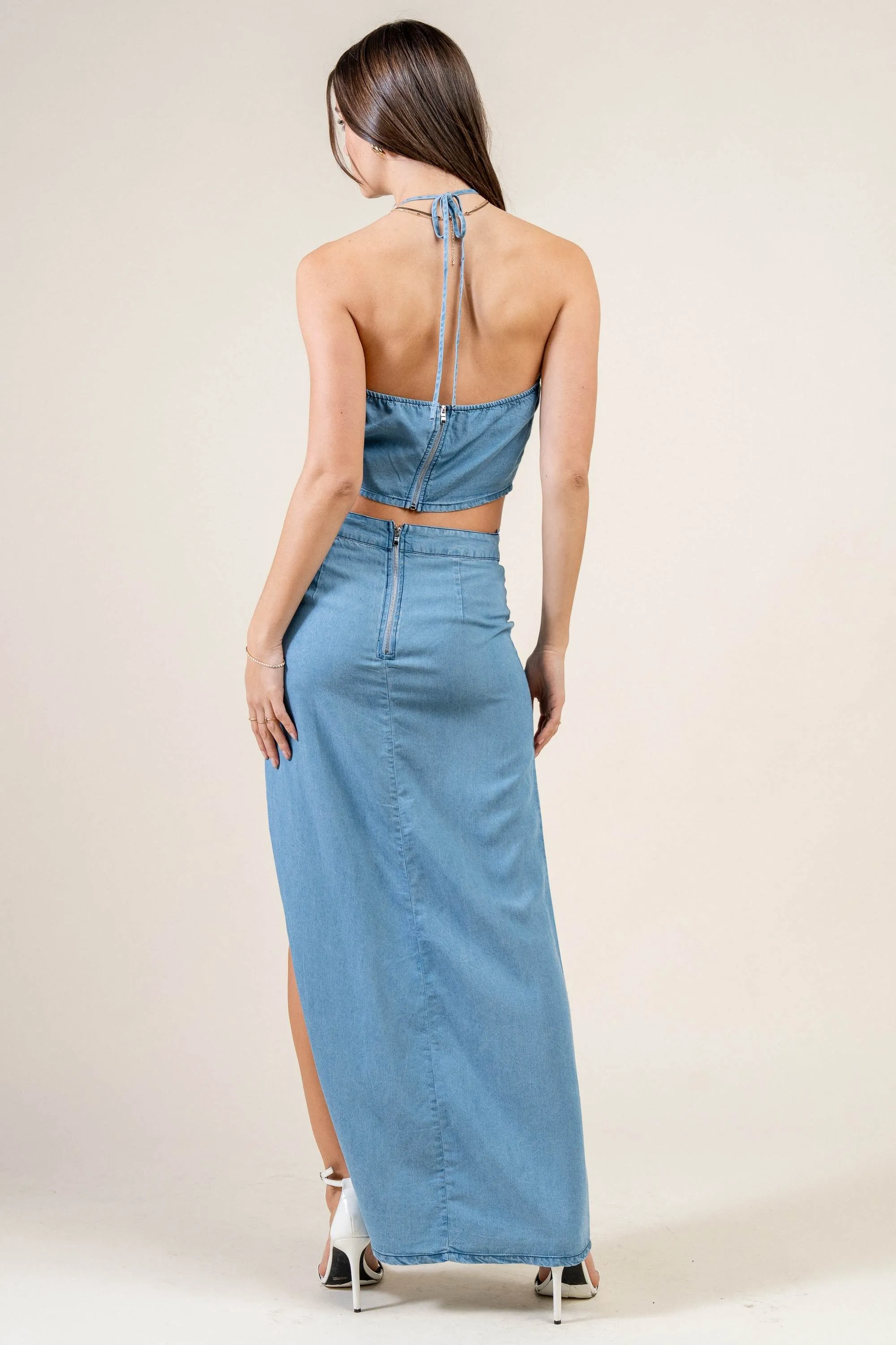 BSWS3591N / DENIM HALTER NECK CROP TOP & SKIRT SET sold by privy product image thumbnail 3