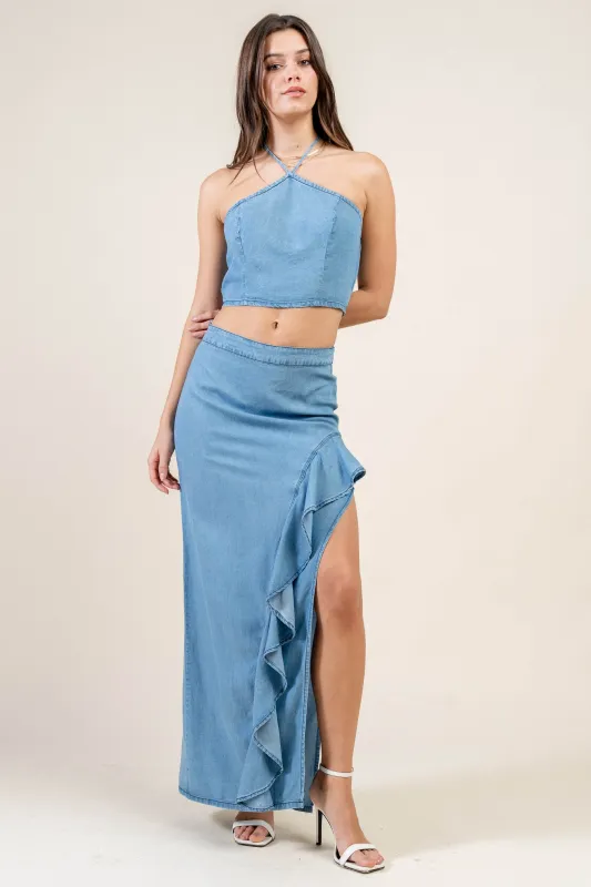 BSWS3591N / DENIM HALTER NECK CROP TOP & SKIRT SET sold by privy