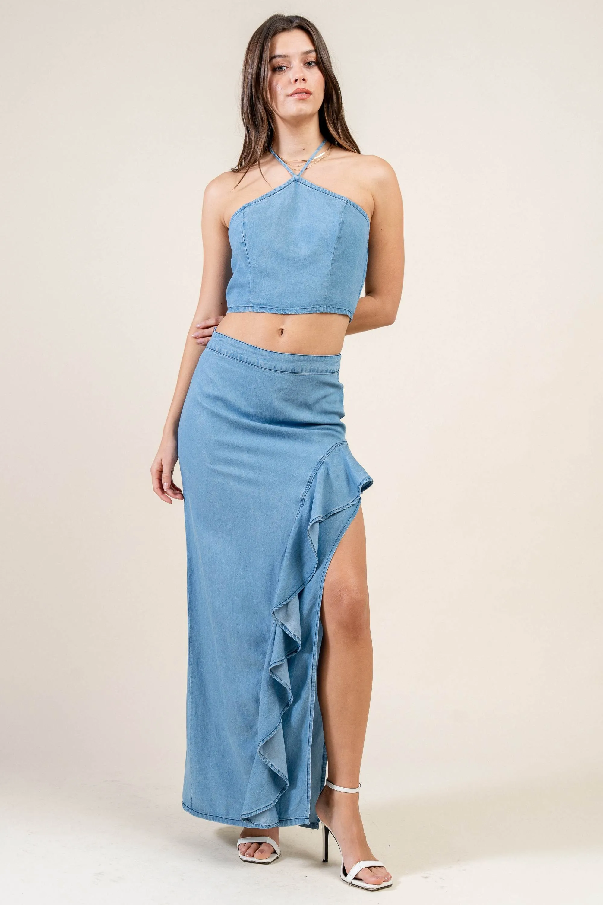 BSWS3591N / DENIM HALTER NECK CROP TOP & SKIRT SET sold by privy