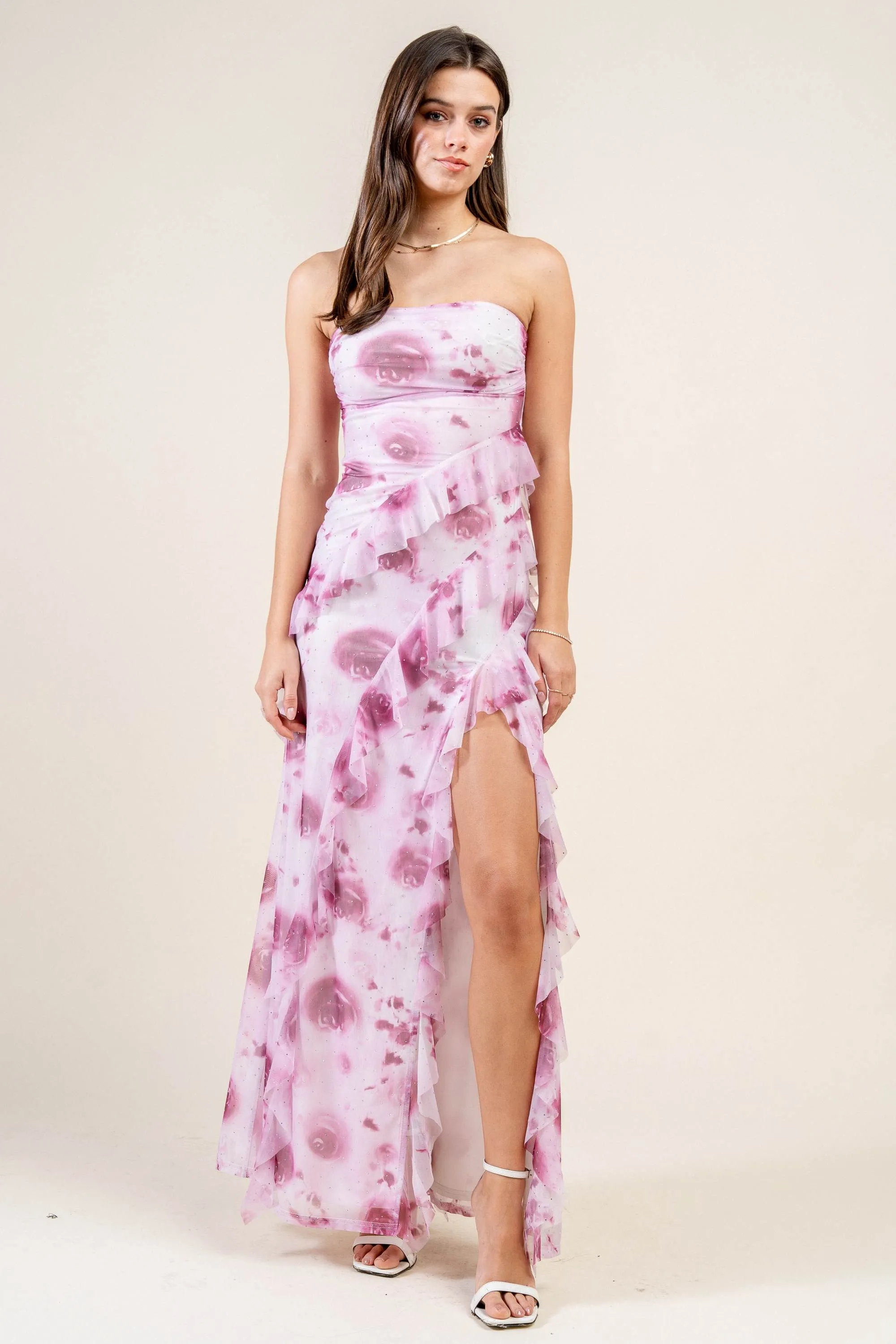 BDKS12915E / MESH PRINT WITH RHINESTONE MAXI DRESS sold by privy