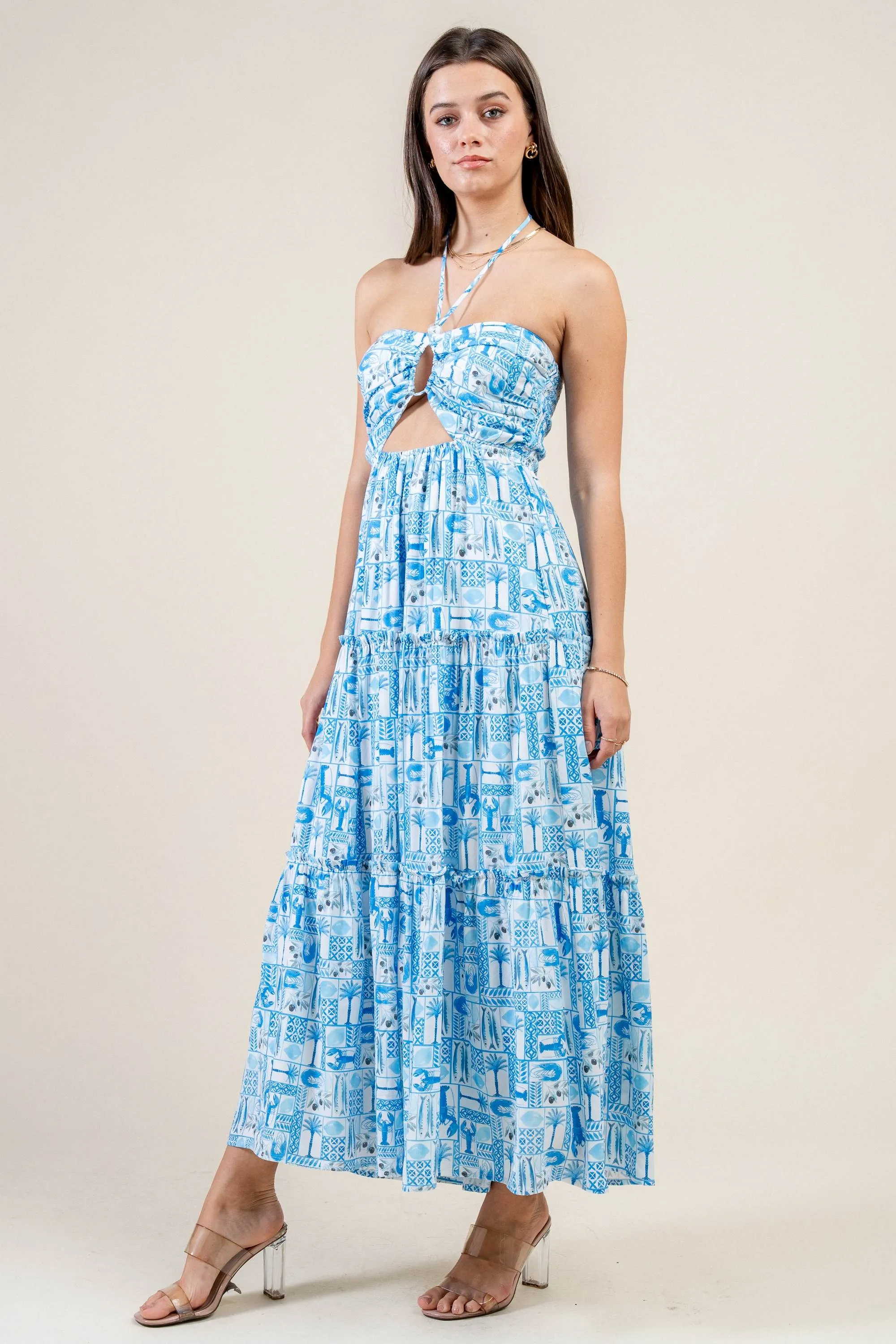 BDWS12916B / CHALLIS PRINT HALTER NECK CUTOUT DETAIL MIDI DRESS sold by privy product image thumbnail 2