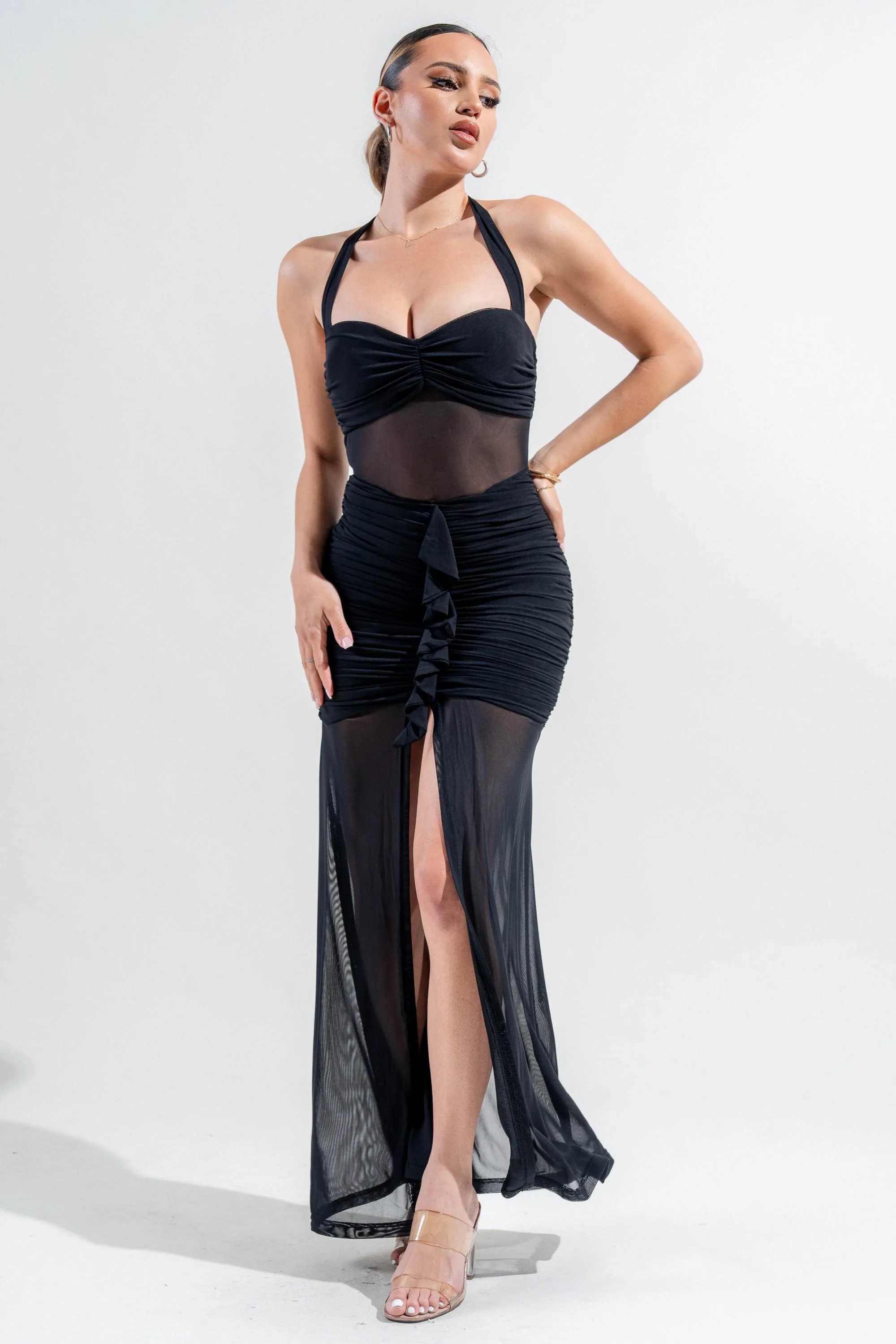 PDKS78684B-W / MESH HALTER NECK RUFFLE DETAIL FRONT SLIT MAXI DRESS sold by privy product image thumbnail 4