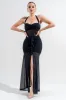PDKS78684B-W / MESH HALTER NECK RUFFLE DETAIL FRONT SLIT MAXI DRESS sold by privy