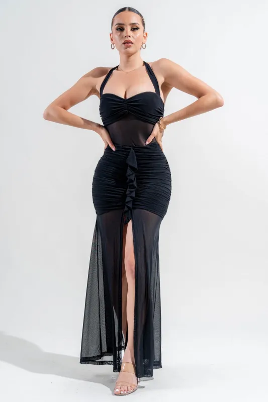 PDKS78684B-W / MESH HALTER NECK RUFFLE DETAIL FRONT SLIT MAXI DRESS sold by privy