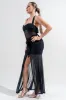 PDKS78684B-W / MESH HALTER NECK RUFFLE DETAIL FRONT SLIT MAXI DRESS sold by privy