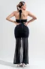 PDKS78684B-W / MESH HALTER NECK RUFFLE DETAIL FRONT SLIT MAXI DRESS sold by privy