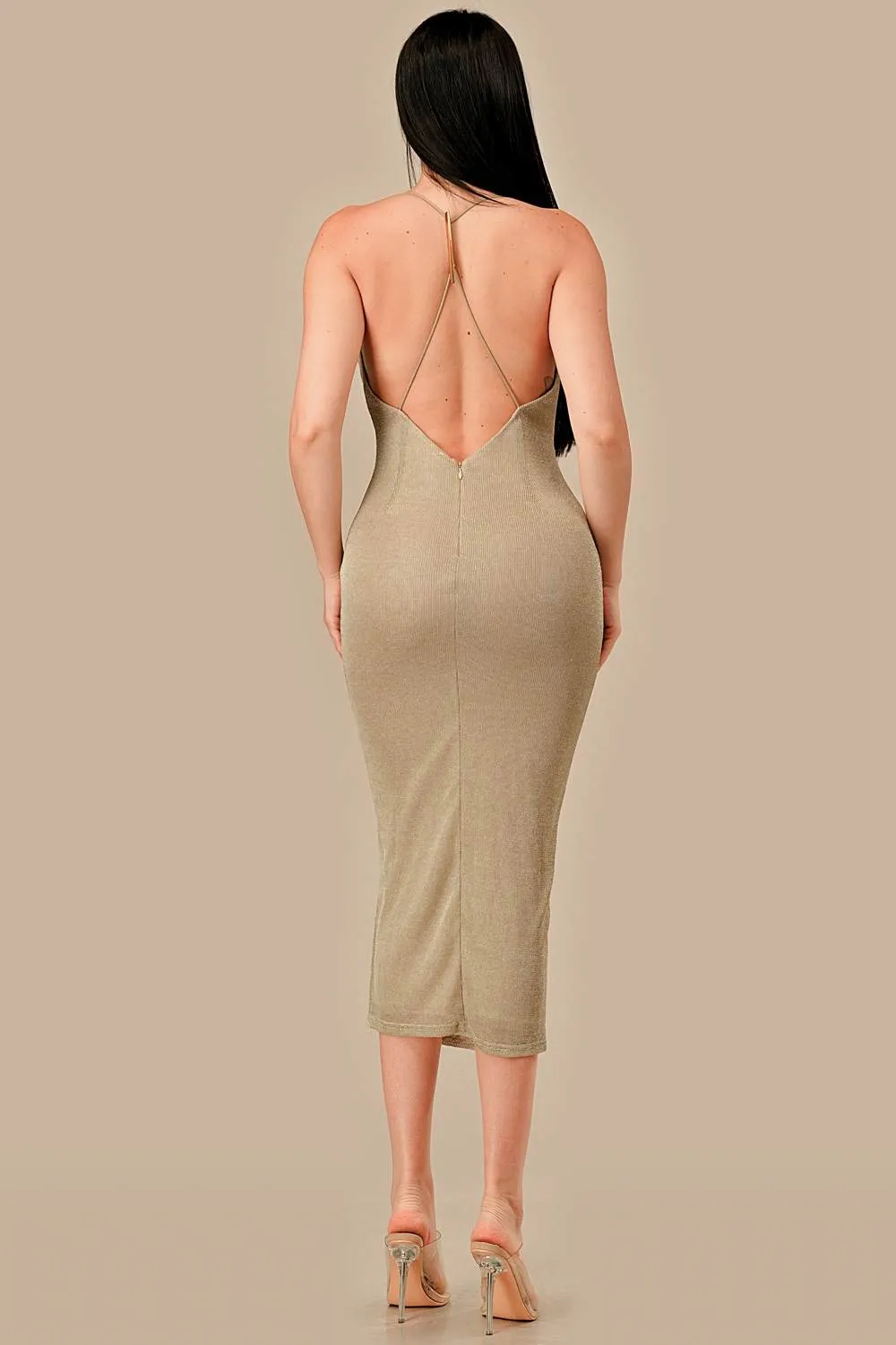 ADKF30180K / METALLIC KNIT W/ HARDWARE TRIM MIDI DRESS sold by privy product image thumbnail 3