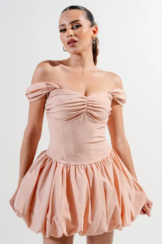 PD78502N-W / SILKEN STRETCH WOVEN OFF SHOULDER BUBBLE SKIRT MINI DRESS sold by privy