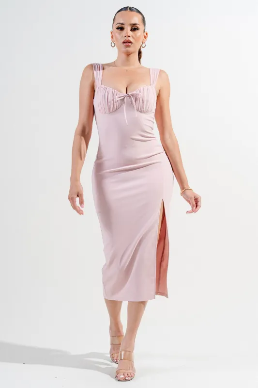 PDKS78669S-W / STRETCH WOVEN BUSTIER FRONT SLIT MIDI DRESS sold by privy