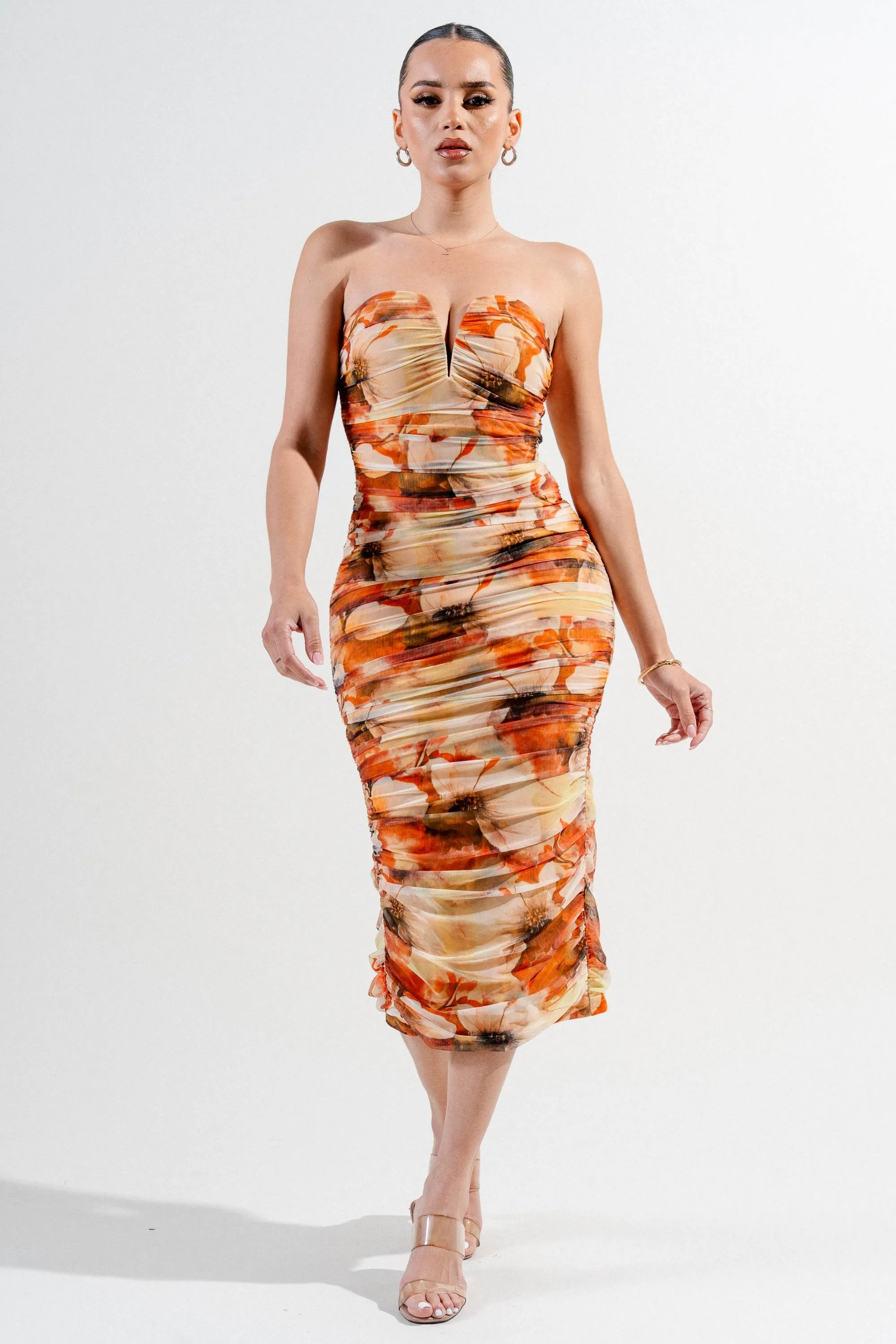 PDKS78688N / SWEETHEART NECKLINE MESH PRINT MIDI DRESS sold by privy product image thumbnail 4