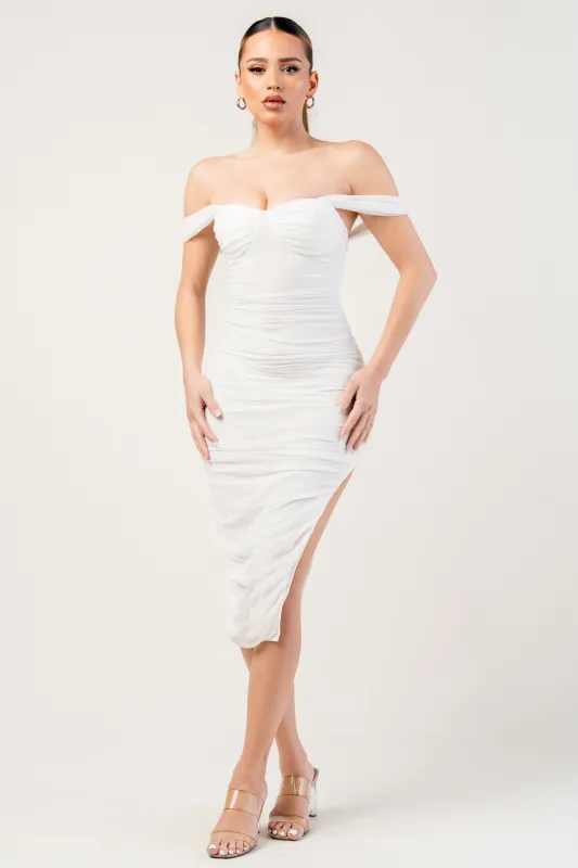 PD73886N / MESH SWEETHEART OFF SHOULDER RUCHED MIDI DRESS sold by privy
