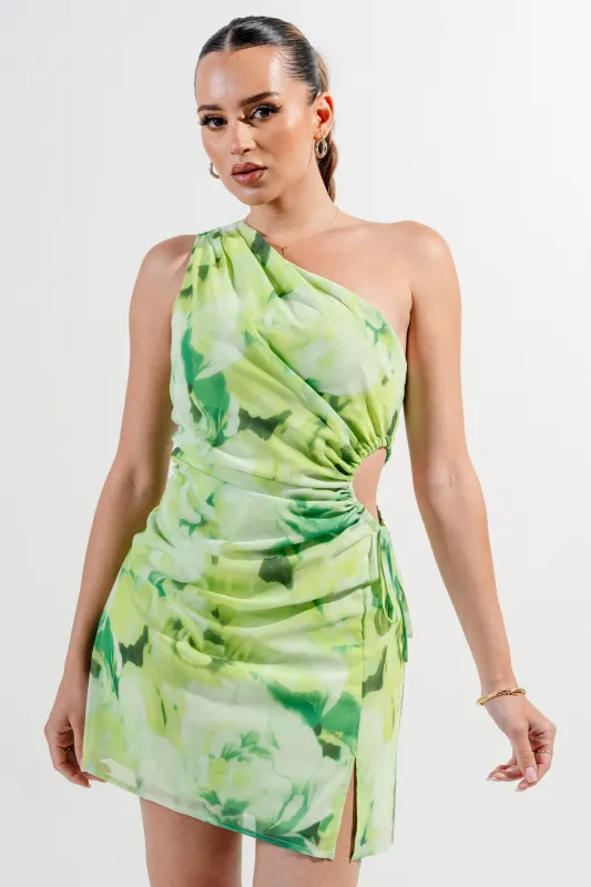 PDWS78720BTP-W / CHELSEA CHIFFON PRINT ONE SHOULDER SIDE CUTOUT A-LINE MINI DRESS sold by privy