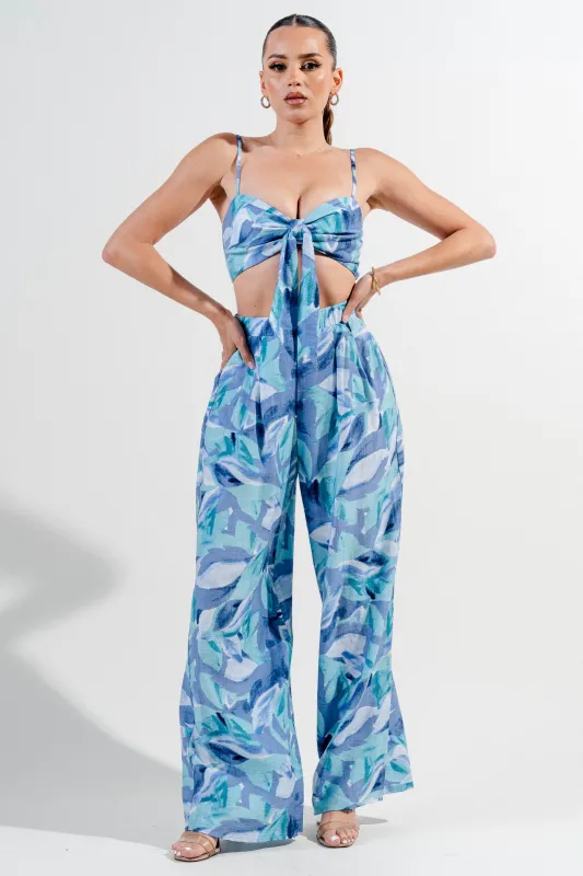 PSWS9780K / LINEN PRINT FRONT TIE SMOCKED BAK TOP & WIDE LEG PANTS SET sold by privy